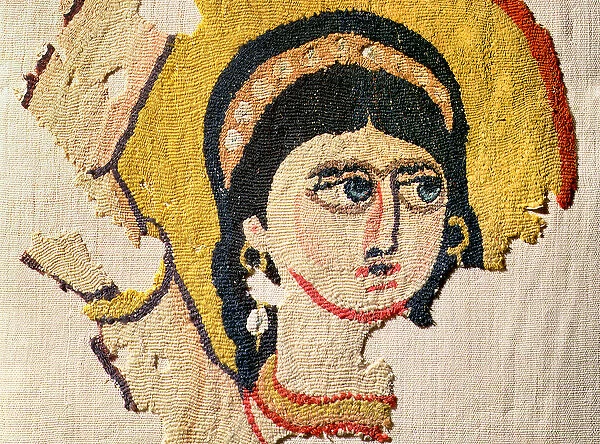 Fragment of a tapestry depicting the head of a dancer (wool & linen) (detail of 107971)