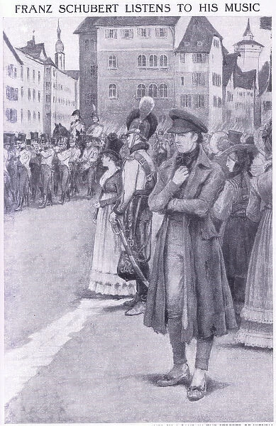 Franz Schubert listens to his music in the streets of Vienna (litho)