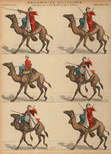 French Army Meharistes (camel cavalry) in Algeria (coloured engraving)
