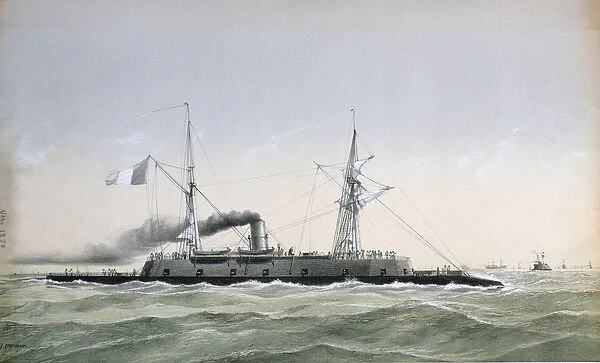 French Navy ironclad coastguard vessel Le Rochambeau, c. 1870 (colour litho)