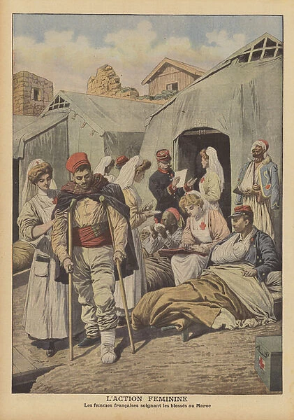 French women nursing wounded soldiers in Morocco (colour litho)