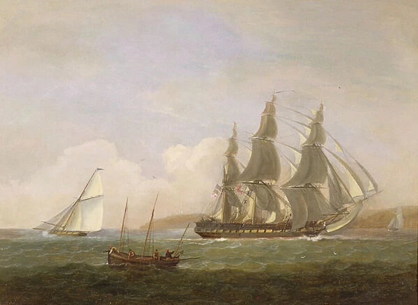 A frigate running under full sail, with a cutter and a lugger off the West Country