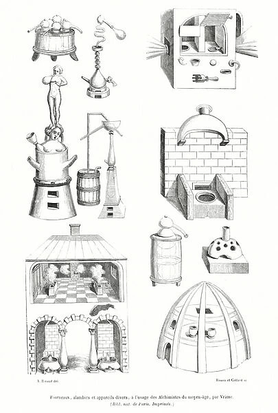 Furnaces, stills and various devices used by medieval alchemists (engraving)