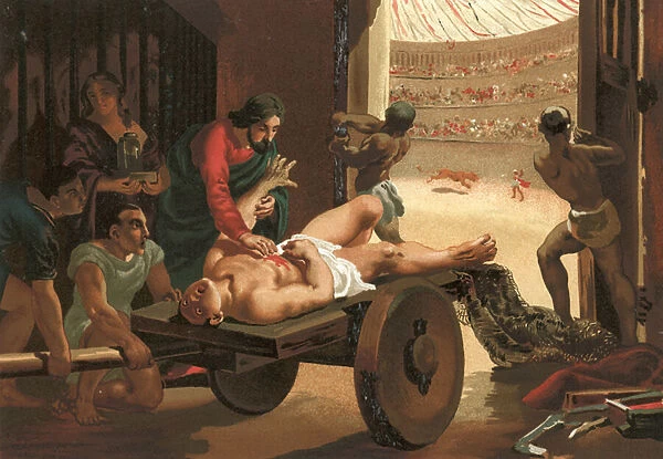 Galen assisting a gladiator, wounded in the circus of Bergamo