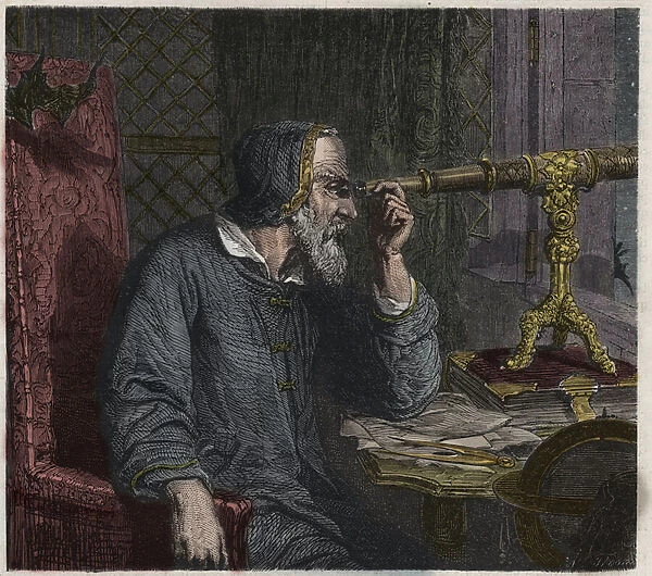 Galileo Galilei and his Telescope, 1864 (engraving )