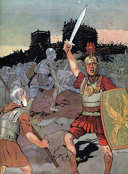 Gallic wars: roman soldiers during the siege of Alesia, 52 BC Illustration by Georges Conrad (1874-1936) taken from ' Our-Glory-Nationals' 1920 Private collection