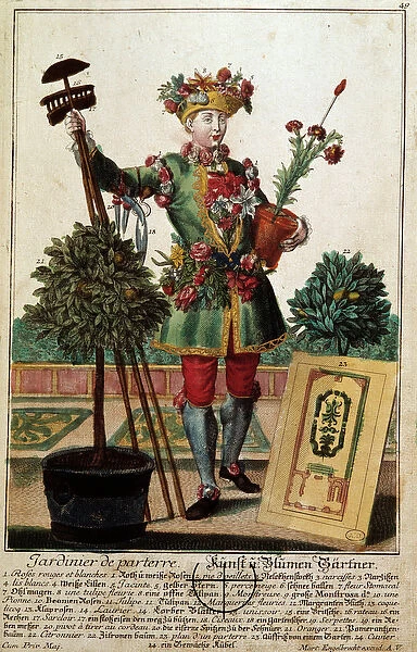 A gardener. Engraving by Martin Engelbrecht (1684-1756)