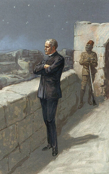 General Gordon at Khartoum, waiting for the help that never came (colour litho)