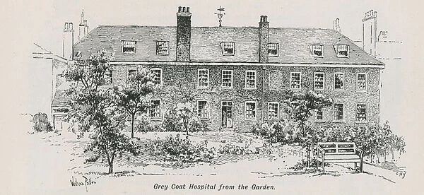 General view of Grey Coat Hospital from the garden (engraving)