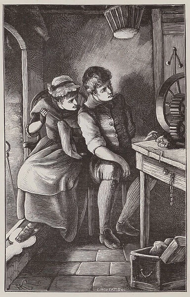 George Stephenson being encouraged by his wife (engraving)