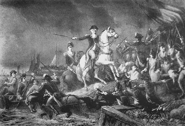 George Washington directing the retreat from Brooklyn Heights, 29 August 1776 (litho)