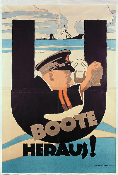 German World War 1 poster, U BOOTE HERAUS (U BOATS AWAY) (colour litho)