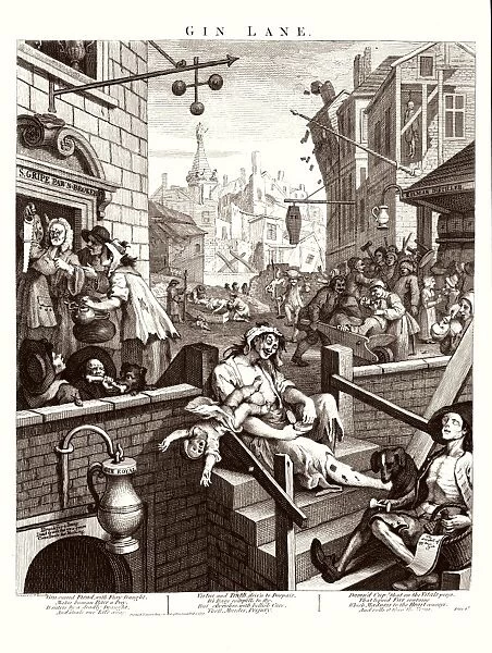 Gin Lane, 1751 (engraving) (b  /  w photo)