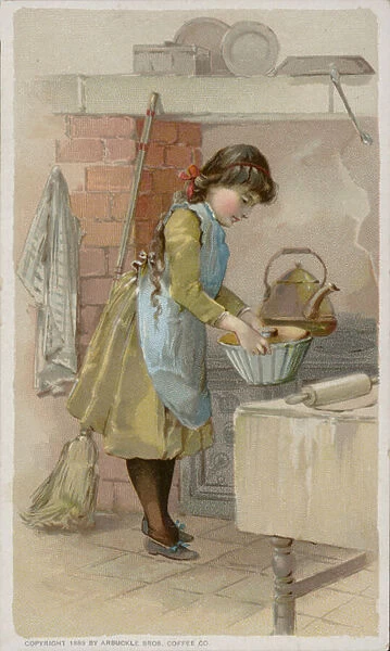 Girl baking in kitchen (chromolitho)
