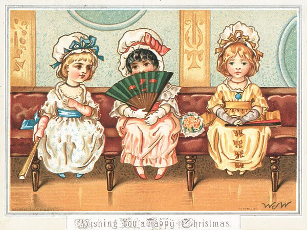 Three girls waiting, Christmas Card (chromolitho)