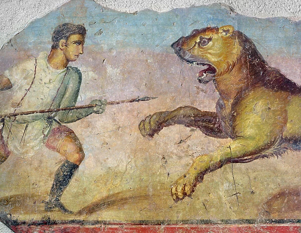 A Gladiator Fighting a Lion, from the Merida Amphitheatre (fresco) (detail of 696579)