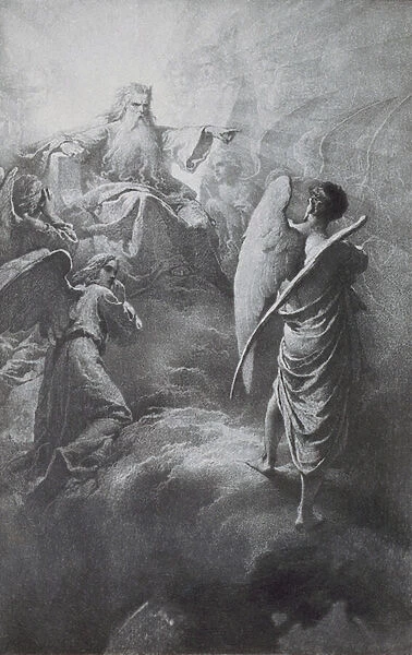 God expelling Lucifer from Heaven, Scene 1 from Imre Madachs poem The Tragedy of Man (engraving)