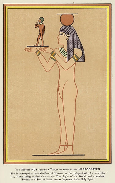 The Goddess Nut holding a tablet on which stands Harpocrates (colour litho)