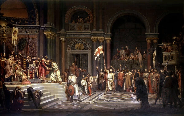Godfrey of Bouillon received by Alexis Comnene, Emperor of Constantinople, in 1097, during the defence of the city against the Turks during the 1st Crusade in 1096-1099, 1842 (oil on canvas)