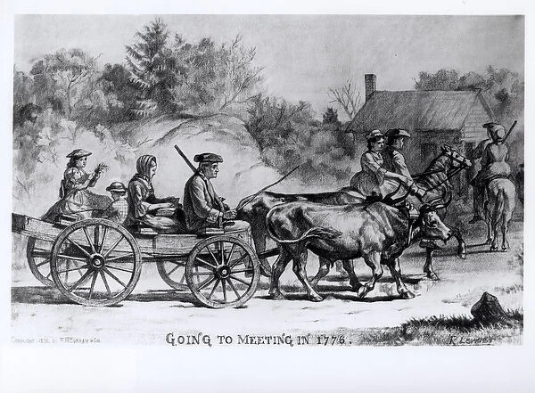 Going to Meeting in 1776, 1876 (engraving) (b  /  w photo)