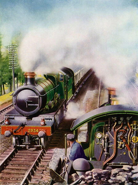 Goods train passing an express train hauled by Butleigh Court, a Saint class steam locomotive on the Great Western Railway between Reading and Didcot (colour litho)