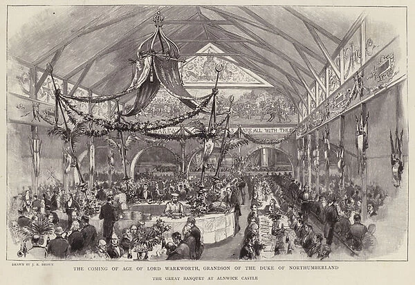 Great banquet at Alnwick Castle to celebrate the coming of age of Lord Warkworth, grandson of the Duke of Northumberland, 1892 (litho)