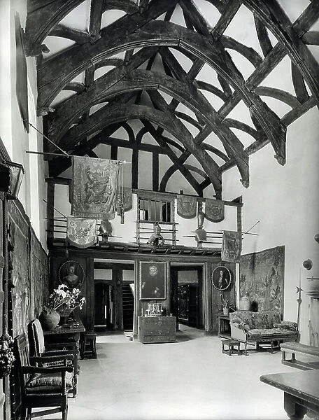 The Great Hall looking towards the screens passage and gallery, Cothay Manor, Somerset, from The English Manor House (b / w photo)