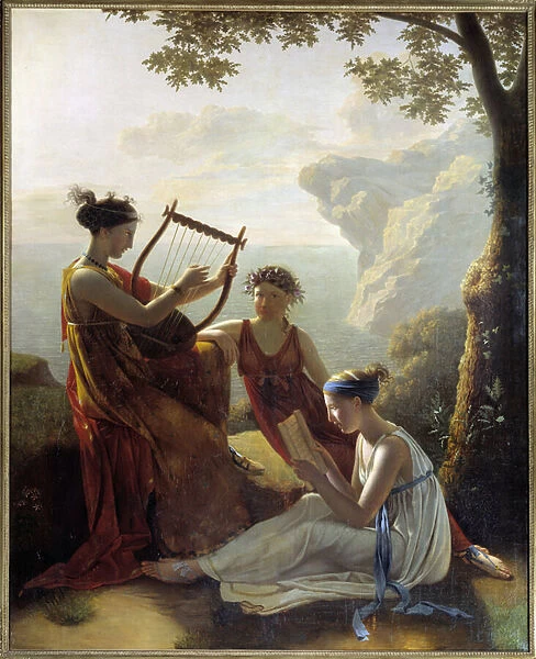 Greek poet Sapho (Sappho) playing lyre and two of her companions Painting by Jacques Louis Grandin (1780-?) 1808 Paris, Musee Marmottan