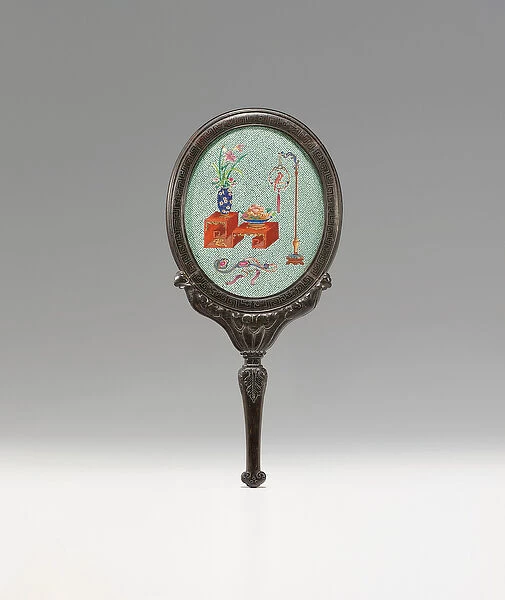 Guangzhou tribute hand mirror, 18th - 19th century (silver wire, zitan & enamel)