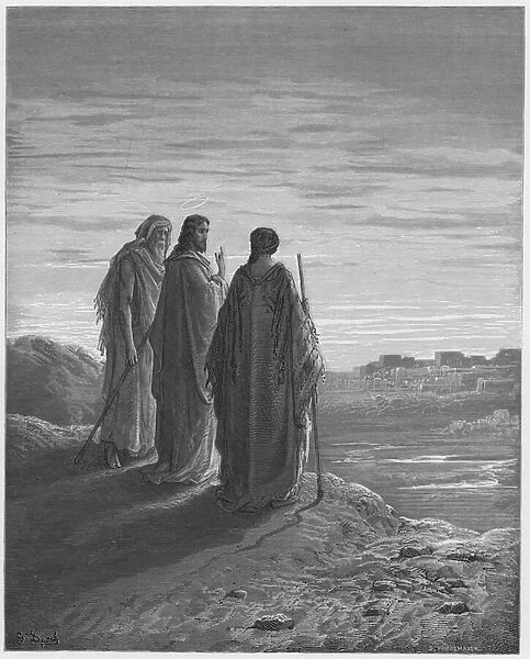 Gustave Dore Bible: Jesus and the disciples going to Emmaus (engraving)