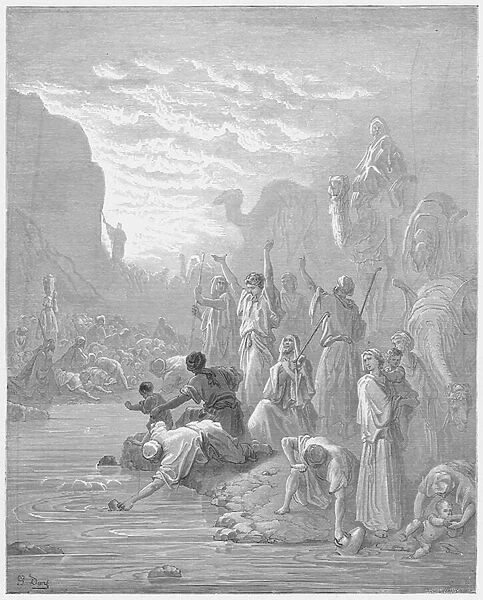 Gustave Dore Bible: Moses striking the rock in Horeb (engraving)