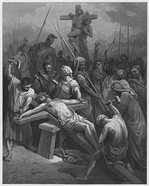 Gustave Dore Bible: Nailing Christ to the Cross (engraving)