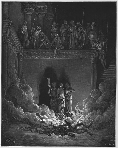Gustave Dore Bible: Shadrach, Meshach, and Abed-Nego in the fiery furnace (engraving)