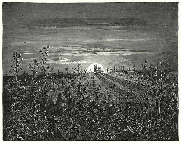 Gustave Dores Don Quixote: 'Friend Sancho, 'said Don Quixote, 'I find the approaching night will overtake us ere we can reach Toboso'(engraving)