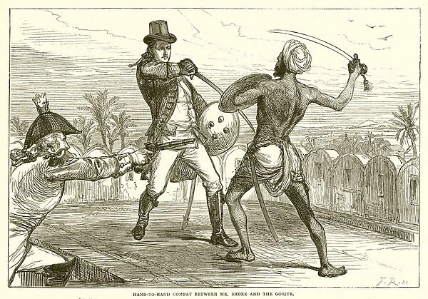 Hand to hand combat between Mr. Shore and the Goojur (engraving)