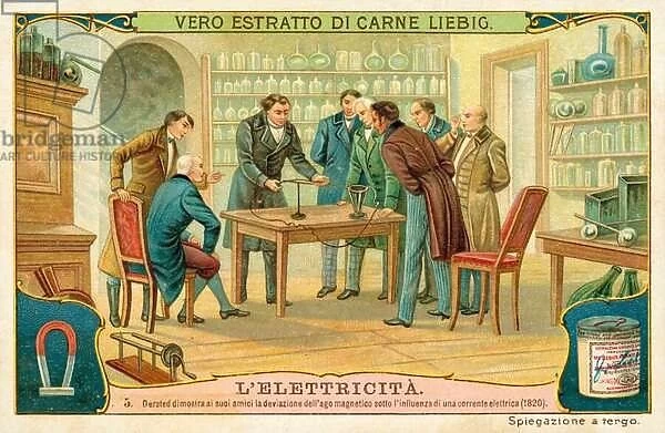 Hans Christian Oersted showing his friends the deviation of the magnetic needle under the influence of an electric current, 1820 (chromolitho)