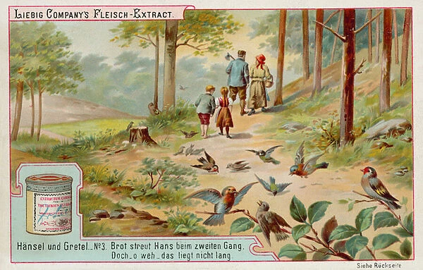 Hansel and Gretel: Birds eating the trail of breadcrumbs left by Hansel to find the way home (chromolitho)