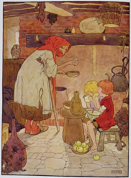 Hansel and Gretel are fed by the Witch, illustration from