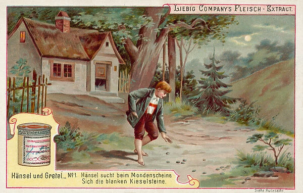 Hansel and Gretel: Hansel looking for hite pebbles by the light of the Moon (chromolitho)