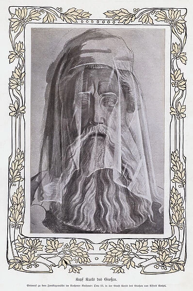 Head of Charlemagne, King of the Franks and Holy Roman Emperor, in his grave (engraving)