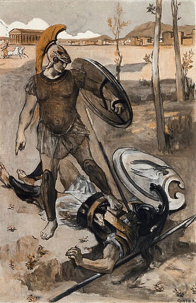 Hectors death: Hector is killed by Achilles. Illustration by Clement Gontier (1876-1918) for Homeres 'The Iliad'(Omero). Paris, Henri Laurens, 1930