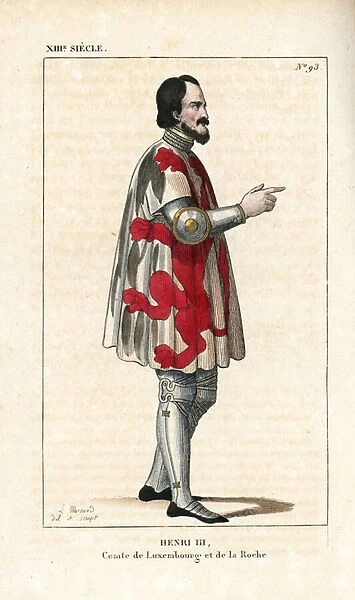 Henry V the Great, Count of Luxembourg and La Roche (Henri V de Luxembourg, known as Le Blond, 1216-1281). He wears a coat of arms tunic (silver, red lion rampant) over a suit of steel armour