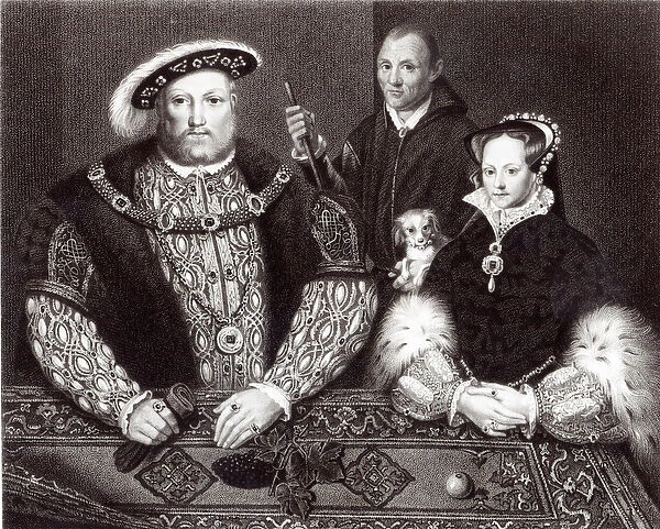 Henry VIII, his daughter Queen Mary and Will Somers, after a 16th century oil painting