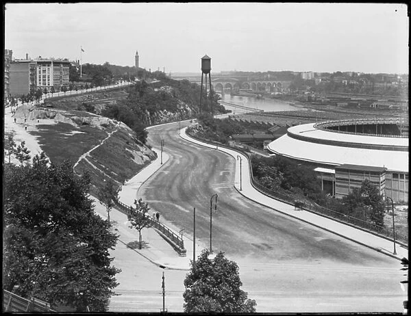 High-angle view of Harlem River Drive running past the Polo Grounds, New York City, c