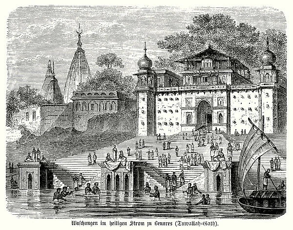 Hindus bathing in the sacred waters of the River Ganges from the ghats of Benares (Varanasi), India (engraving)