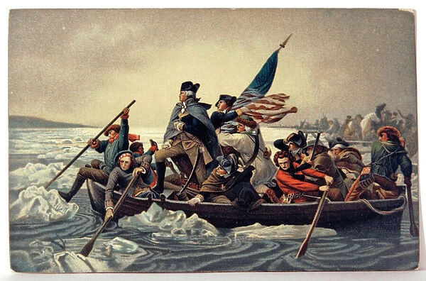 History. USA. George Washington cross the Delaware, 1776. Postcard from a painting by E