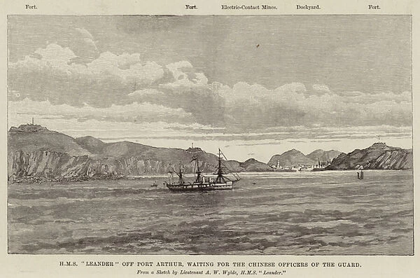HMS 'Leander'off Port Arthur, waiting for the Chinese Officers of the Guard (engraving)