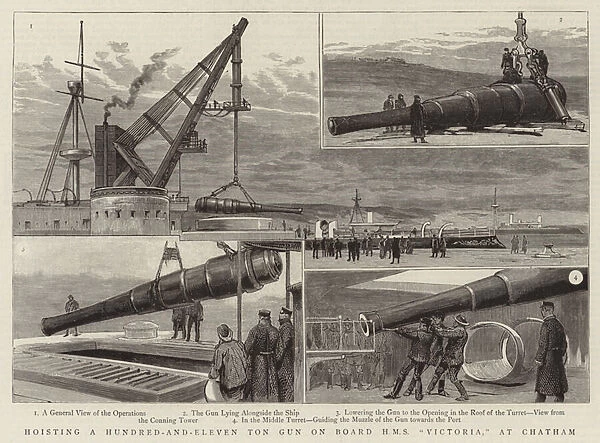 Hoisting a Hundred-and-Eleven Ton Gun on Board HMS 'Victoria, 'at Chatham (engraving)