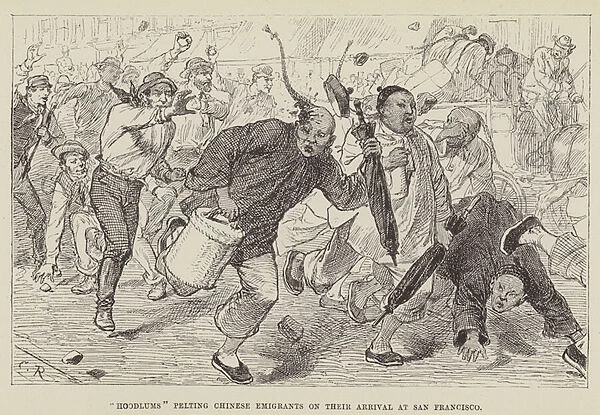 Hoodlums pelting Chinese Emigrants on their Arrival at San Francisco (engraving)