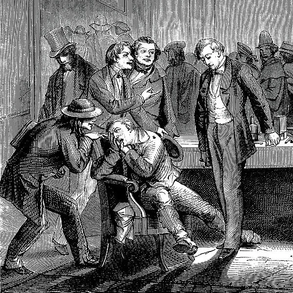Horace Wells proceed with the extraction of a tooth in front of his students in 1844 (engraving)
